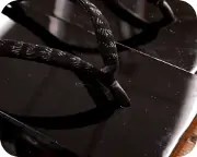 黒大艶真角に菖蒲柄印伝花緒　前壷