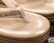 ３分３枚本革草履に名物裂福林花緒　前壷